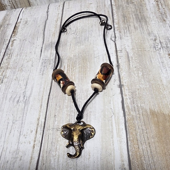 Bronze Elephant Pendant Necklace Boho Animal Print Beads Black Cord Jewelry - Picture 3 of 8